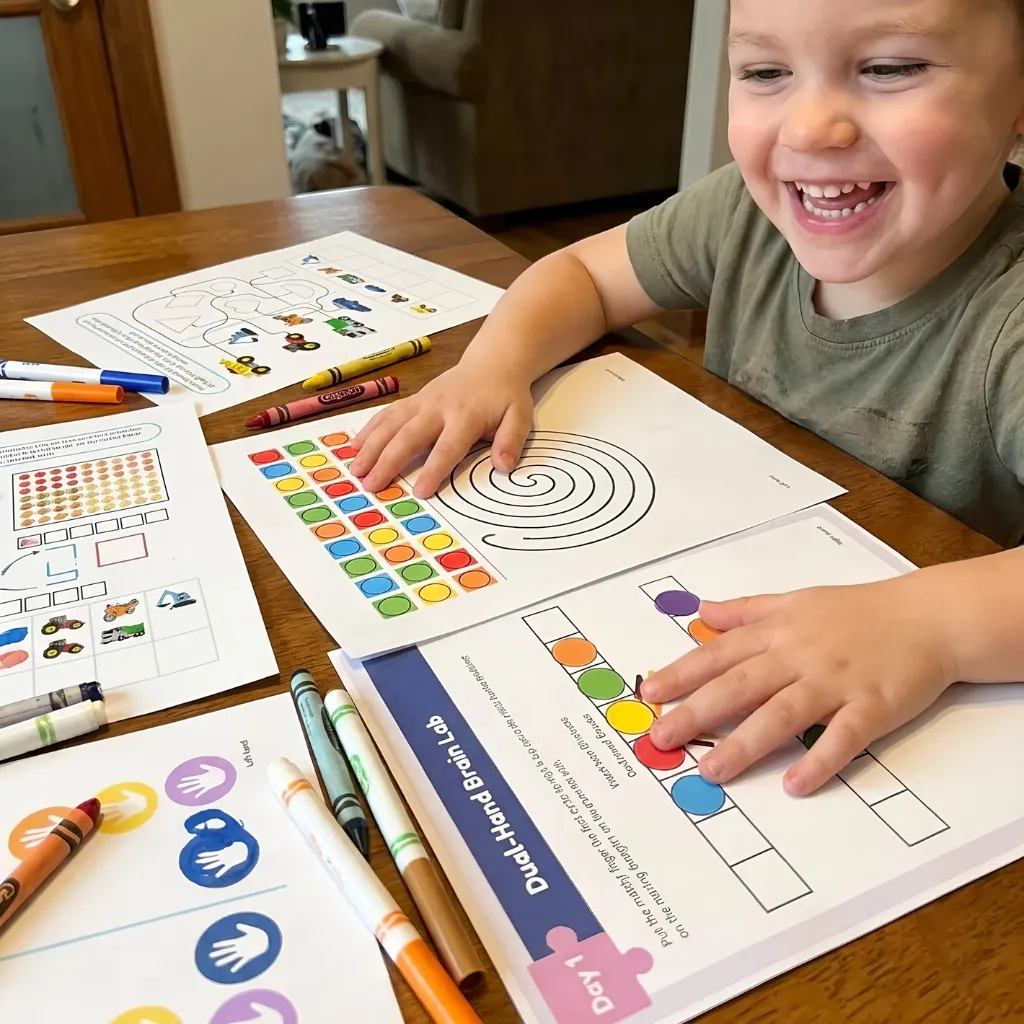 Happy child enjoying preschool worksheets